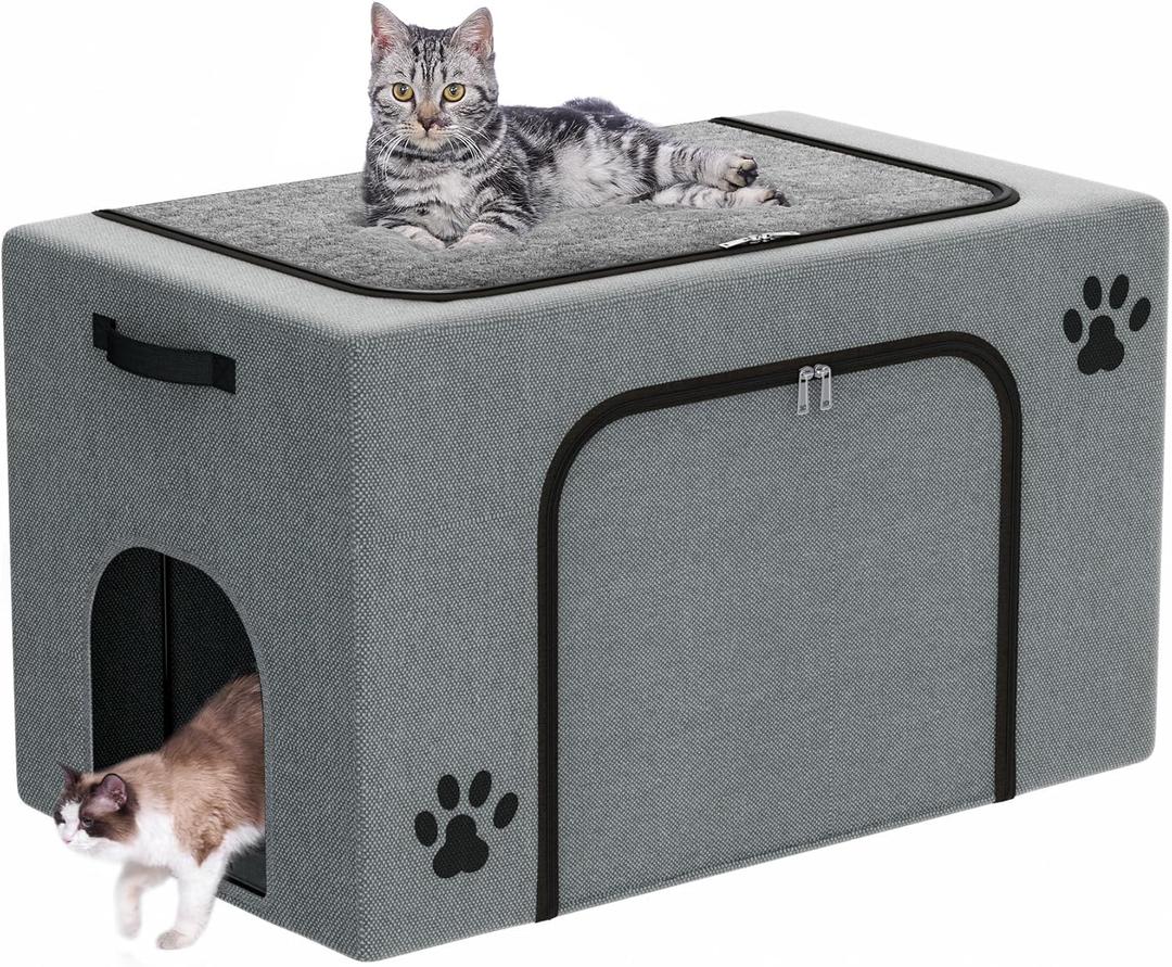 Cat Litter Box Enclosure with Cat Bed; Hidden Enclosure Litter Tray in Living Room, Bedroom, Corner; Kitten Washroom Fit Most of Litter Box; Large Pet Litter Box Pee Shield (Grey)