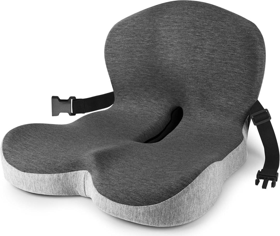 MYFAMIREA Truck Seat Cushion, Memory Foam Trucker Seat Cushion for Truck Driver Long Sitting with Adjustable Strap, Back Support and Pain Relief for Trucker Driving Car Office Chair and Pain (Average Size, Dark Gray+light Gray)