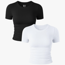 OQQ Womens 2 Piece Shirts Short Sleeve Crew Neck Ruched Stretch Fitted Tee Shirts Crop Tops SizeM