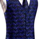 Mens Suit Vest 4PC Silk Paisley Vest with Necktie Pocket Square Cufflinks Formal Woven Waistcoat for Suit Tuxedo (Blue Black Floral)