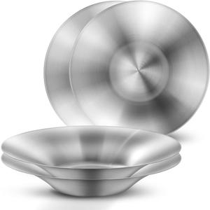 A Set of 4 Stainless Steel Dinner Plates, Salad Bowls, Spaghetti Serving Platters, Buffet Party Pans, Catering Trays, Classic Brushed Finish, Great for Both Hot & Cold Dishes (4)
