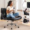 Criss Cross Office Chair with 2-in-1 Flip Backrest – Ergonomic PU Leather Floor Sitting Chair, Adjustable Height, 360° Swivel & Flip-Up Arms, Extra-Wide Seat for Home Office, Vanity, Nail Salon-Black