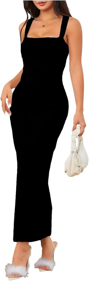SOLY HUX Women's Bodycon Midi Dress Casual Sleeveless Square Neck Ruched Wrap Split Long Dresses (Large, Pure Black)
