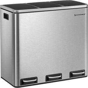SONGMICS LTB54NL Trash Can, Pedal Type, 3 Sorting, 9.8 x 5.9 gal (3 x 18 L), 3 Inner Buckets, Stainless Steel, Airtight, Noiseless, Stylish, Horizontal Type, Indoor, Kitchen Veranda, Lid Included