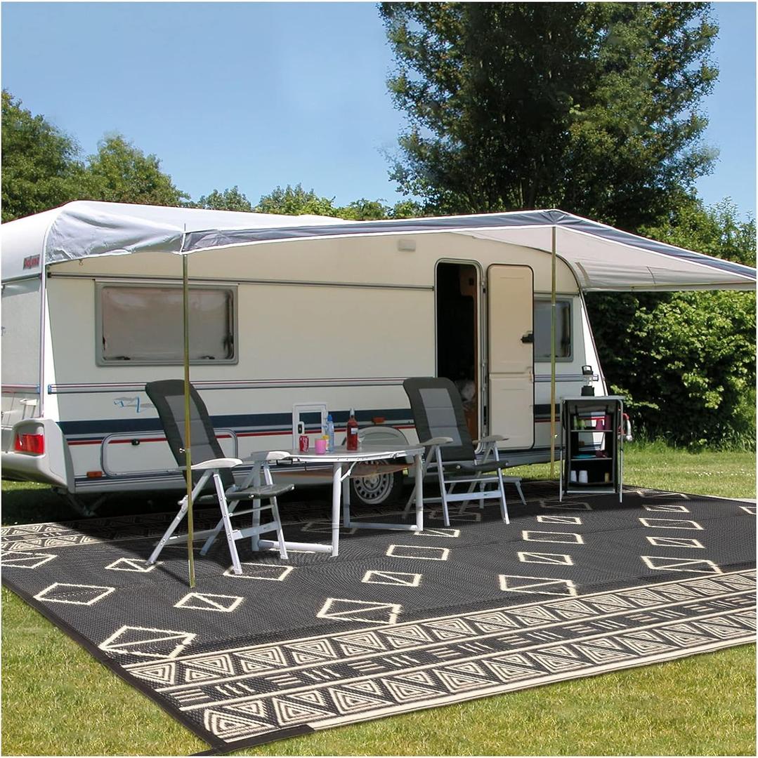 Outdoor Rugs for Patio 9'x12' Plastic Straw Rug Clearance for RV Camping Reversible Waterproof Large Area Rug Portable Carpet Floor Mat Deck Beach Backyard Outside Decor with 4 Corner Loops Stakes (Black & Beige)