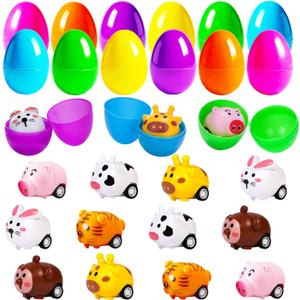 12 Pack Filled Easter Eggs with Animal Pull Back Car Toys - Surprise Toy Assortment for Easter Egg Hunts, Basket Stuffers & Party Favors | Easter Gifts for Kids Boys Girls