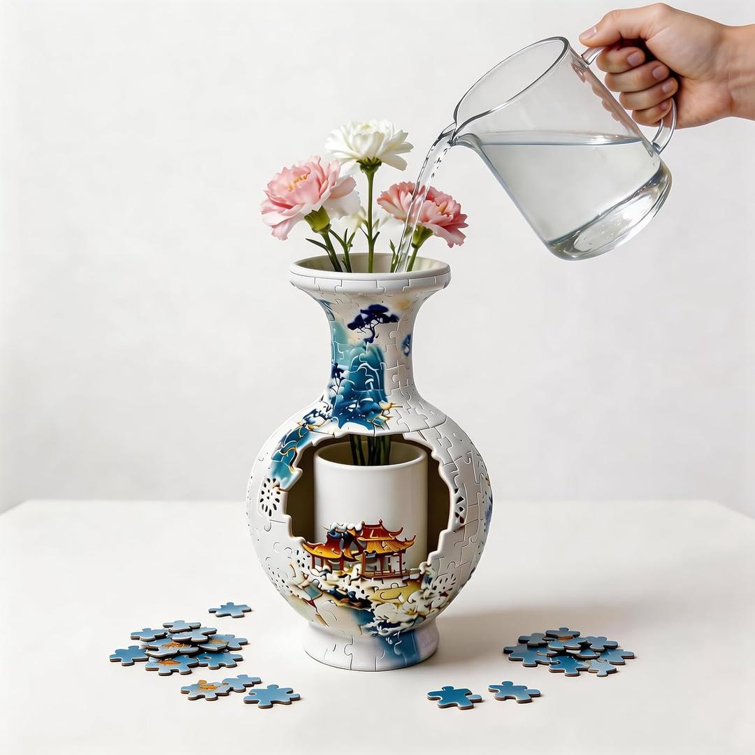 3D Puzzle Vase  200-Piece Interlocking Plastic DIY Flower Vase, Home Decor/Stress Reliever/Floral Arrangement Art, Unique Creative Gift Small House (White and Blue)