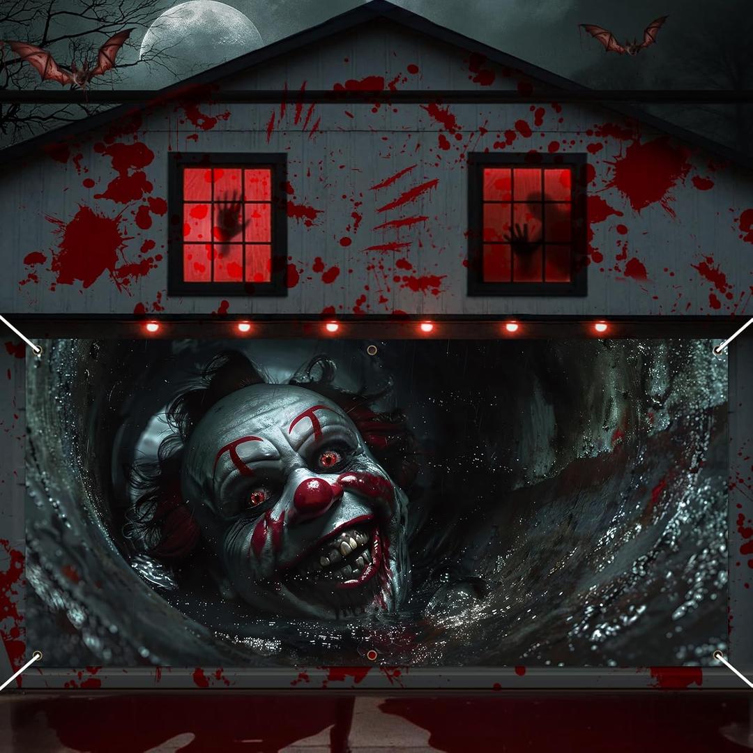 Halloween Garage Door Decorations Horror Clown Garage Door Banner Cover 6x13 Ft Black Scary Spooky Joker Extra Large Halloween Party Backdrop Decor Outdoor Holiday Background Sign Supplies