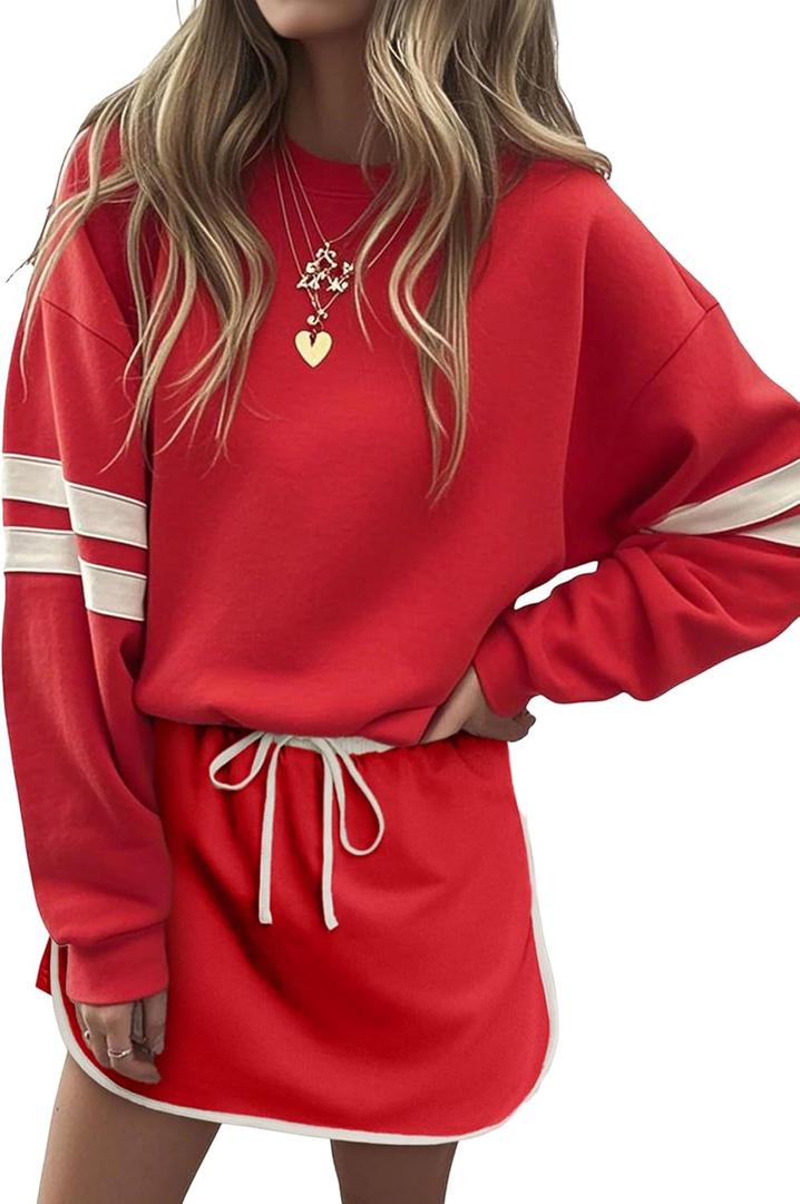 SELINK Womens Striped 2 Piece Outfit Tracksuit Oversized Lounge Set Casual Top and Skorts Matching Sets Red-M