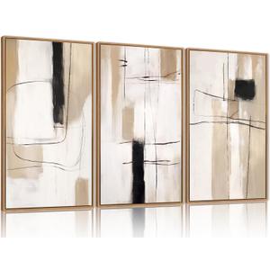 FWIEXA Modern Abstract Canvas Wall Art Set of 3, Framed Neutral Wall Decor, Large Black White Wall Painting, Beige Cream 24x36 Inch Prints Artworks for Living Room, Bedroom, Dining Room, Office