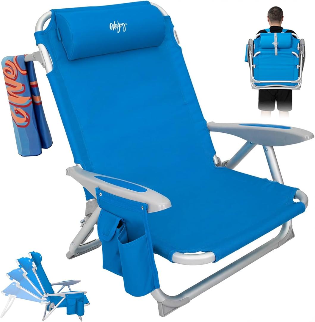 #WEJOY Beach Chair for Adults, Reclining Adjustable Position, Lay Flat Lightweight Folding Portable Aluminum Chair with Backpack Straps, Padded headrest, Heavy Duty 400 lbs Lawn Chair for Beach, Sand, Blue 4 Position -1 Pack