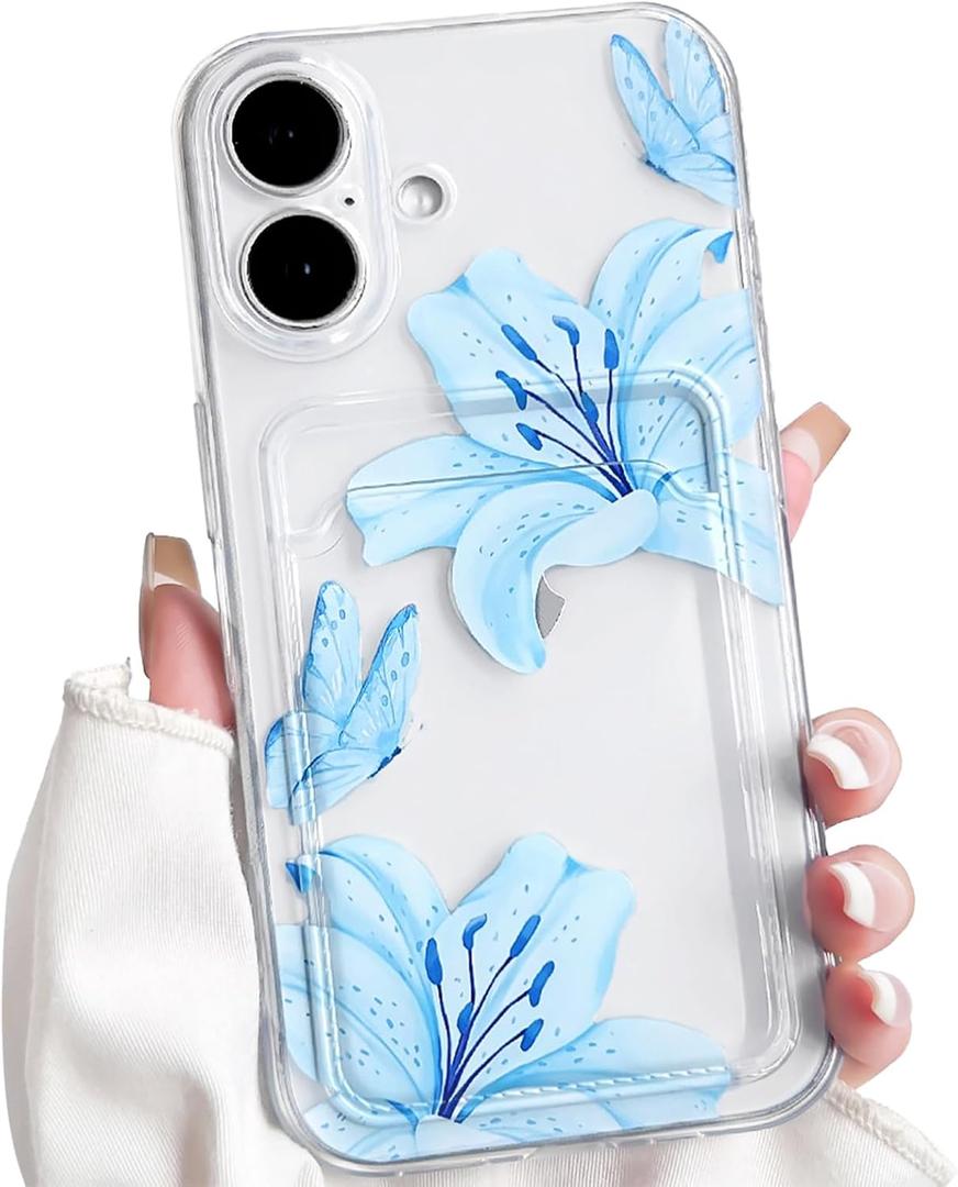 NITITOP Compatible with iPhone 16 Case with Card Holder Clear Cute Floral Lily Flowers Butterfly for Women Girls Soft TPU Shockproof Wallet Case Protective Phone Cover - Blue