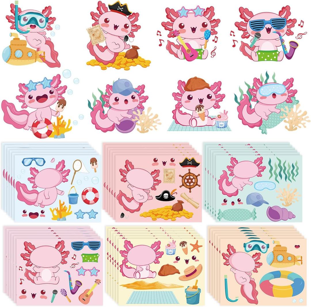Keluna Axolotl Party Favors Stickers - 36 Sheets Cute Pink Animal Make a Face Stickers Axolotl Party Supplies Birthday Decorations Scrapbook Decor