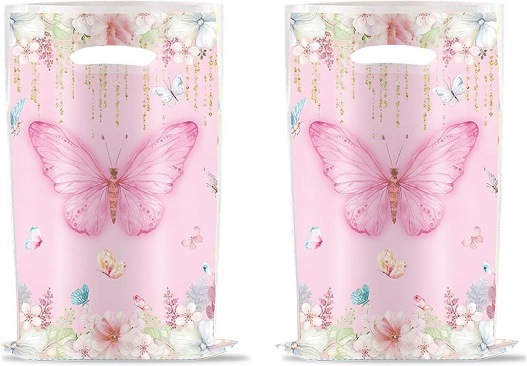 YYaaloa 30pcs Pink Goodie Bags Party Favor Plastic Candy Gift Bags Bulk for Birthday Baby shower Return Gift (Butterfly B 30pcs)