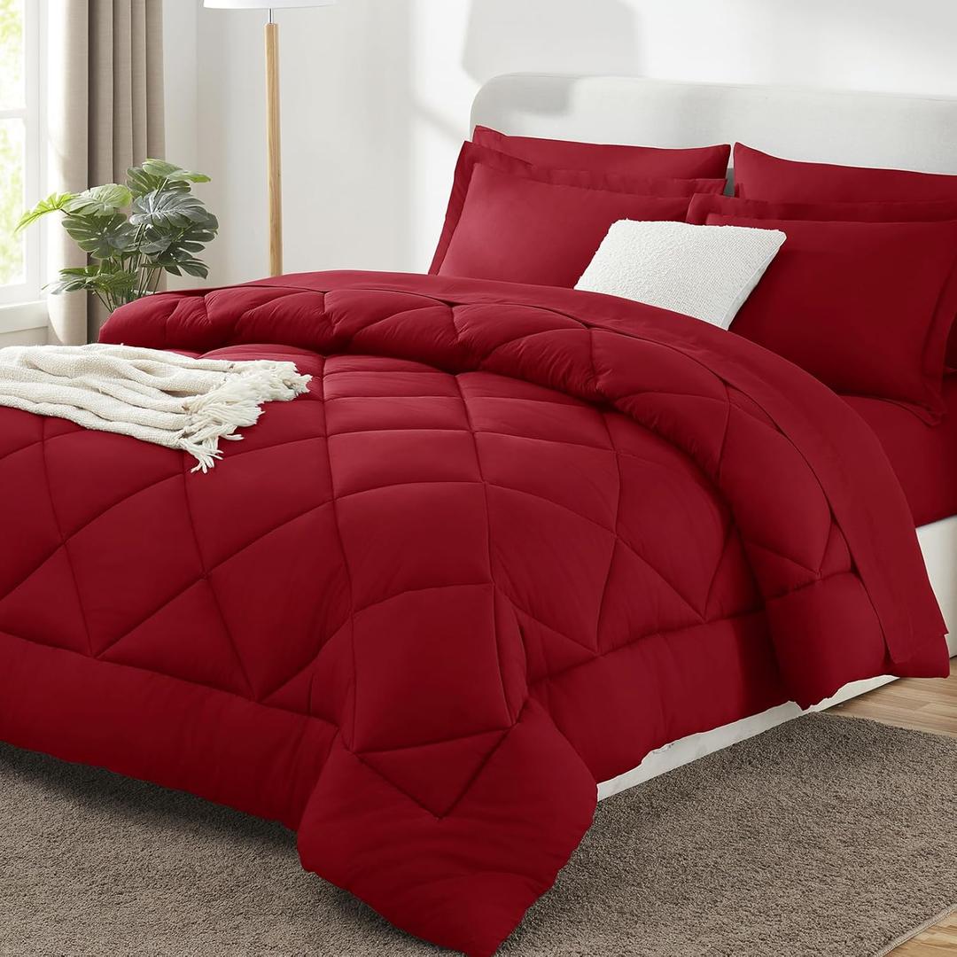 CozyLux Queen Comforter Set Dark Red - Bed in a Bag Queen Size 7 Pieces, Luxury Soft Bed Set for All Seasons, Bedding Set with Down Alternative Comforter, Sheets, Pillowcases & Shams