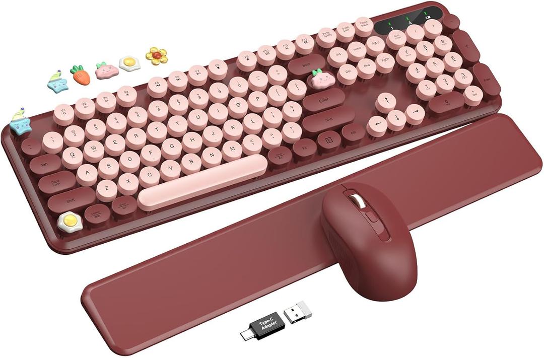 Wireless Keyboard and Mouse Combo - Cute Typewriter Keyboard with Detachable Wrist Rest, Retro Round Keycaps, Foldable Legs, 2.4GHz Full-Size Keyboard for PC, Laptop, Windows - Trueque (Wine Red)