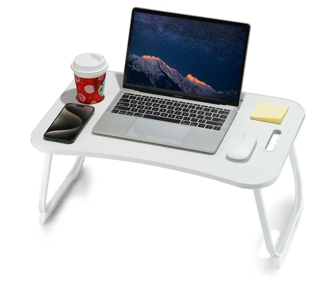Laptop Bed Desk, Foldable Lap Desk, Portable Lap Table, Laptop Stand with Cup Holder & Tablet Slot & Lifting Handle for Working Writing Drawing & Eating - White