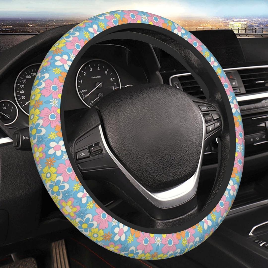 Retro Flowers Steering Wheel Cover Universal 15 Inch Cute Car Accessories Protector for Women Men
