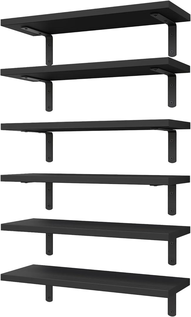 WOPITUES Wood Floating Shelves Set of 6, Shelves for Wall Decor, Farmhouse Shelf for Bedroom, Bathroom Storage Shelves, Book Shelves for Living Room-Black (16.5 Inch)