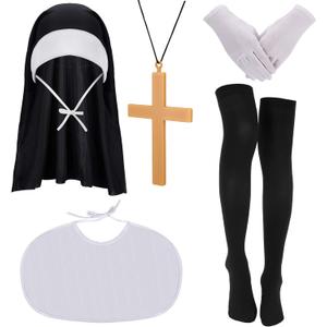 Geyoga Nun Costume Accessory Set Nun Headpiece Collar Cross Pendant Necklace Knee Thigh High Socks for Halloween Cosplay Party