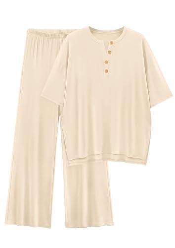 PRETTYGARDEN 2 Piece Lounge Sets for Women Summer 2025 Short Sleeve Tops Wide Leg Pants Matching Travel Outfits Clothing (Beige,X-Small)