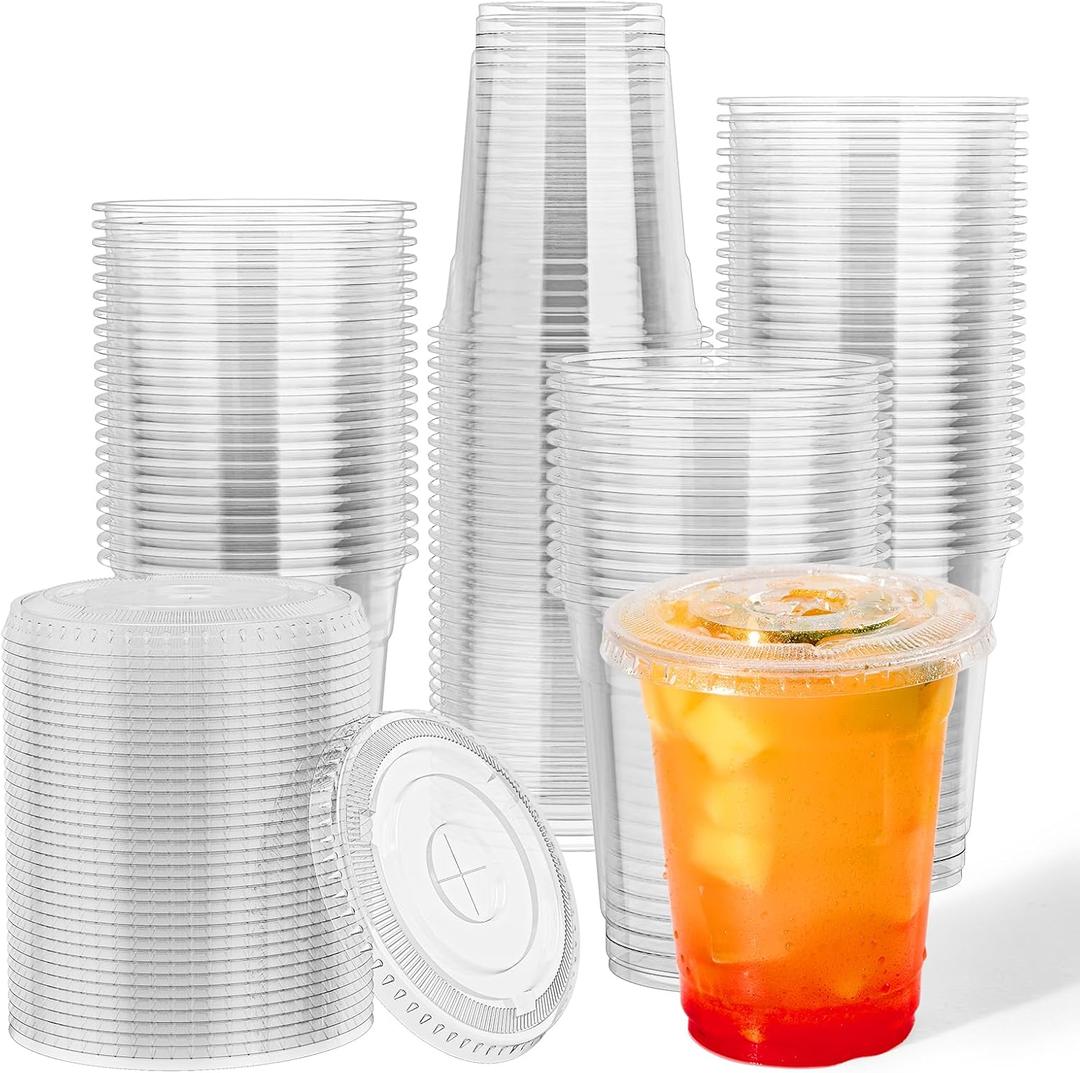 JOLLY CHEF 12 oz Plastic Cups with Lids, 500 Packs Crystal PET Clear Cups, Disposable Ice Coffee Cups with Lids For Coffee Milkshake Daily Use, Party, Wedding, Christmas, 12oz-500count