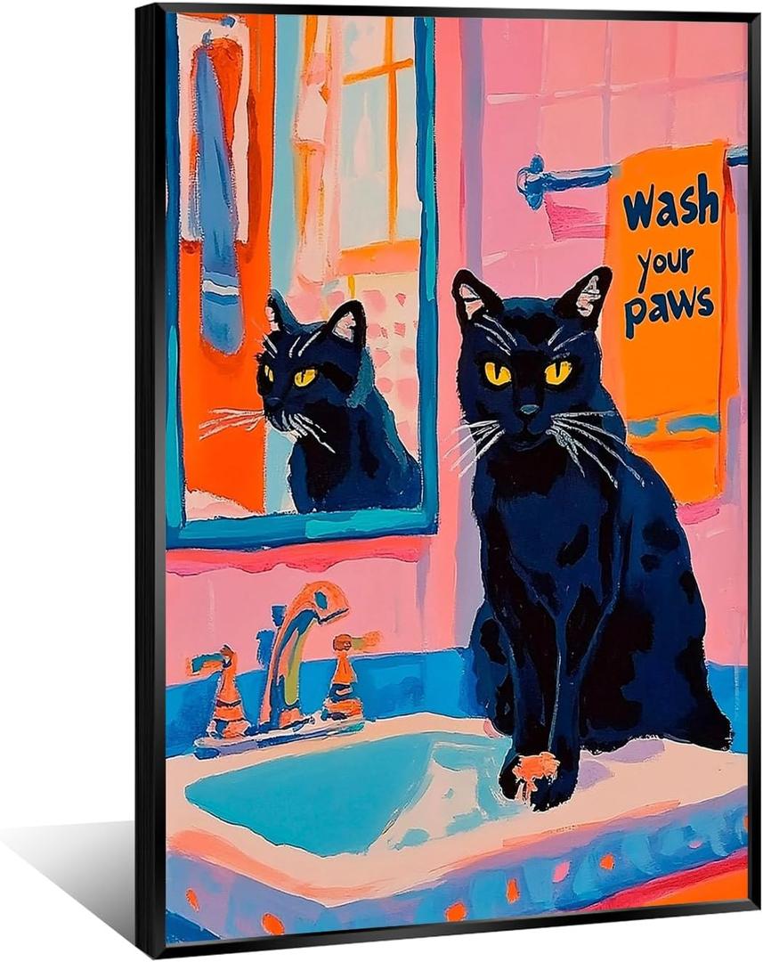 Funny Black Cat Canvas Wall Art Wash Your Little Paws Trendy Cat Painting Picture Wall Decor Colorful Cute Cat Poster Print Artwork for Living Room Bedroom Toilet Bathroom Home Decoration