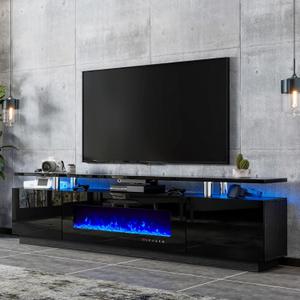 80" Fireplace TV Stand, Modern High Gloss Finish Media Console with 40" Electric Fireplace, Open Storage Entertainment Center for TVs Up to 90" with LED Lights, Black 80" Fireplace TV Stand, Modern High Gloss Finish Media Console with 40" Electric Fireplace, Open Storage Entertainment Center for TVs Up to 90" with LED Lights, Black