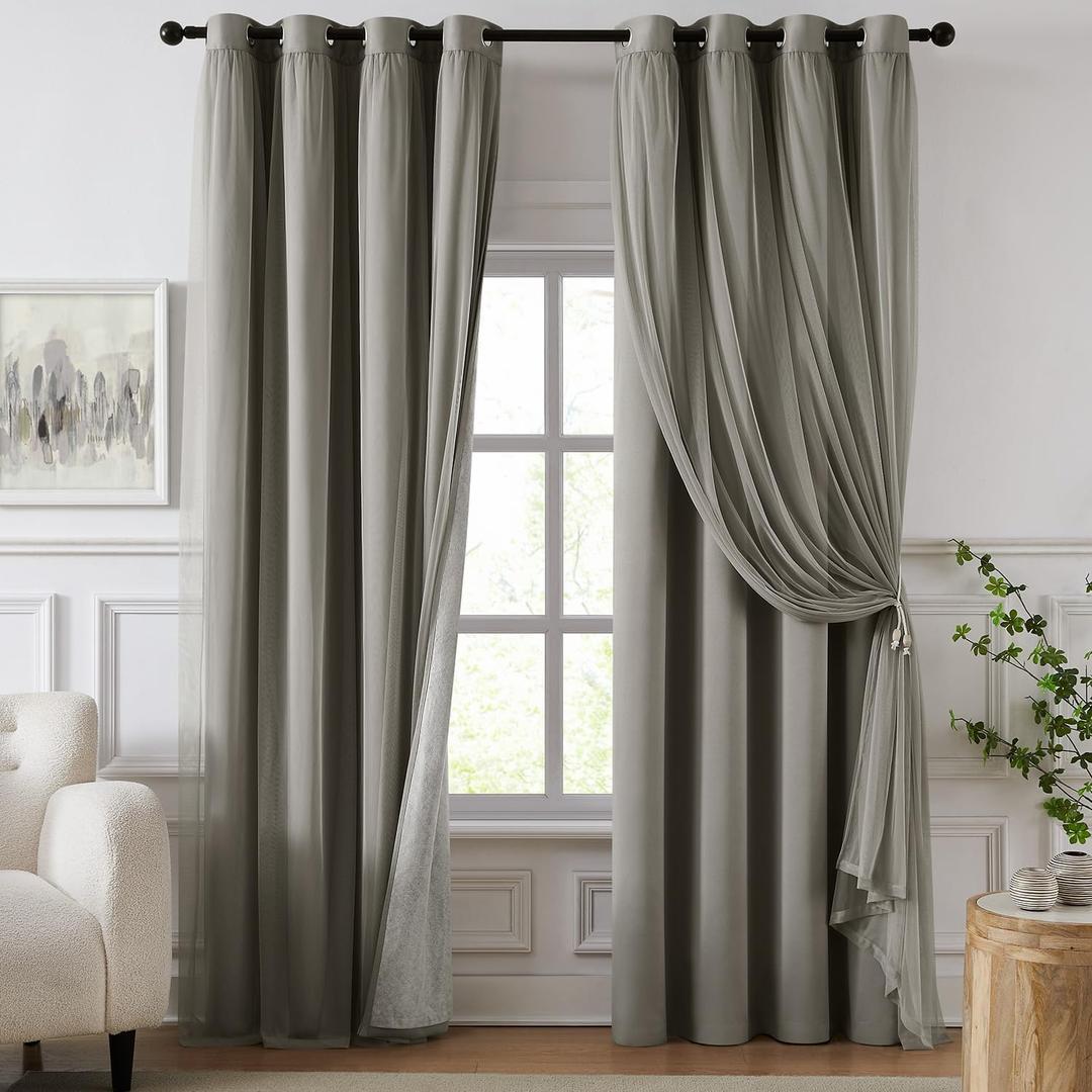 100% Blackout Curtains for Bedroom, Double Layer Grey Curtains, Black Out Curtain 84 Inch Long with Sheer Overlay for Living Room, Room Darkening Window Drapes with Grommet, 52" W x 84" L