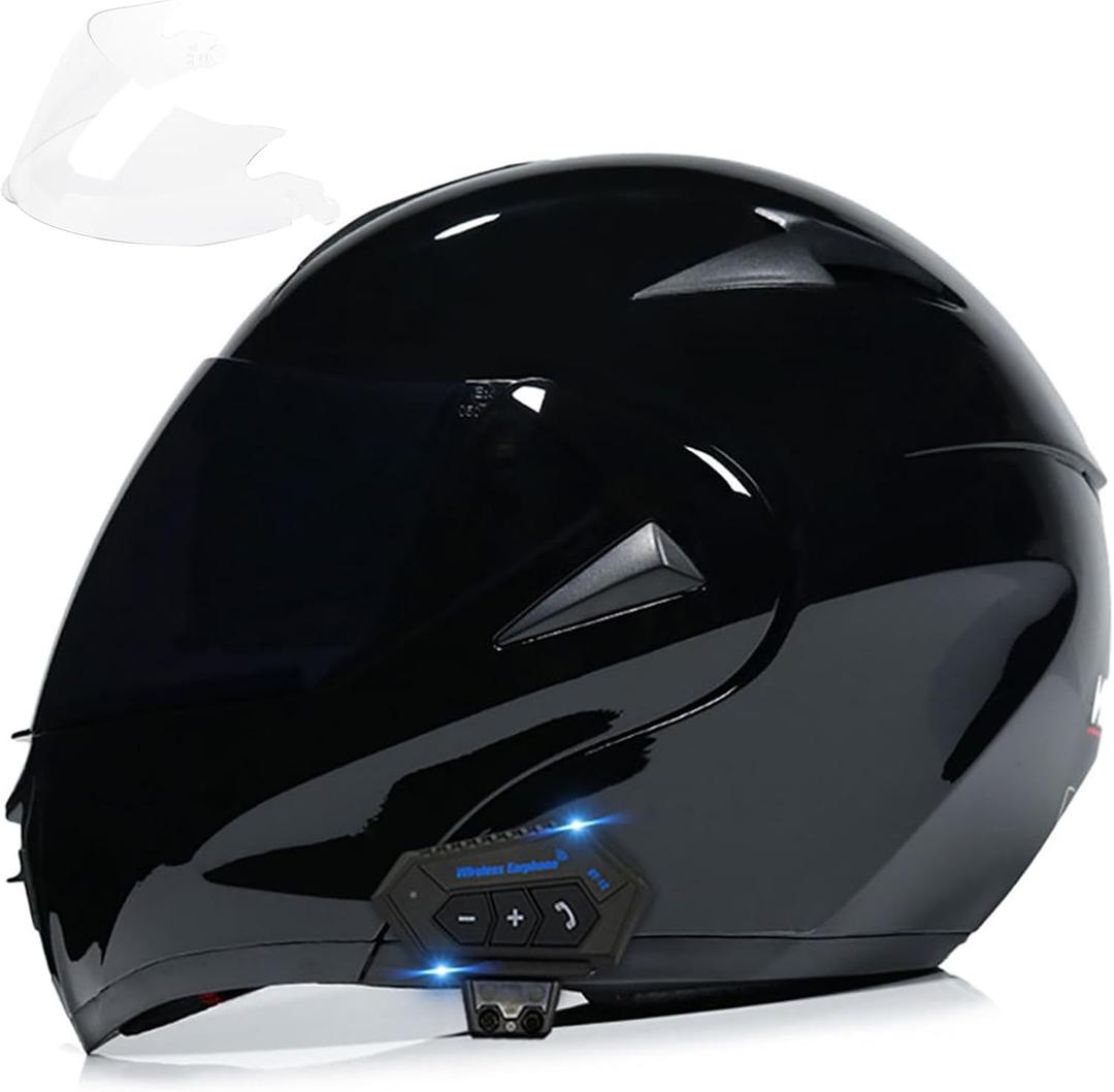 Motorcycle Bluetooth Modular Helmet, DOT Approved Dual Visor Full Face Flip up Bluetooth Integrated Motorcycle Helmets for Adults Men Women (X-Large, Gloss Black)