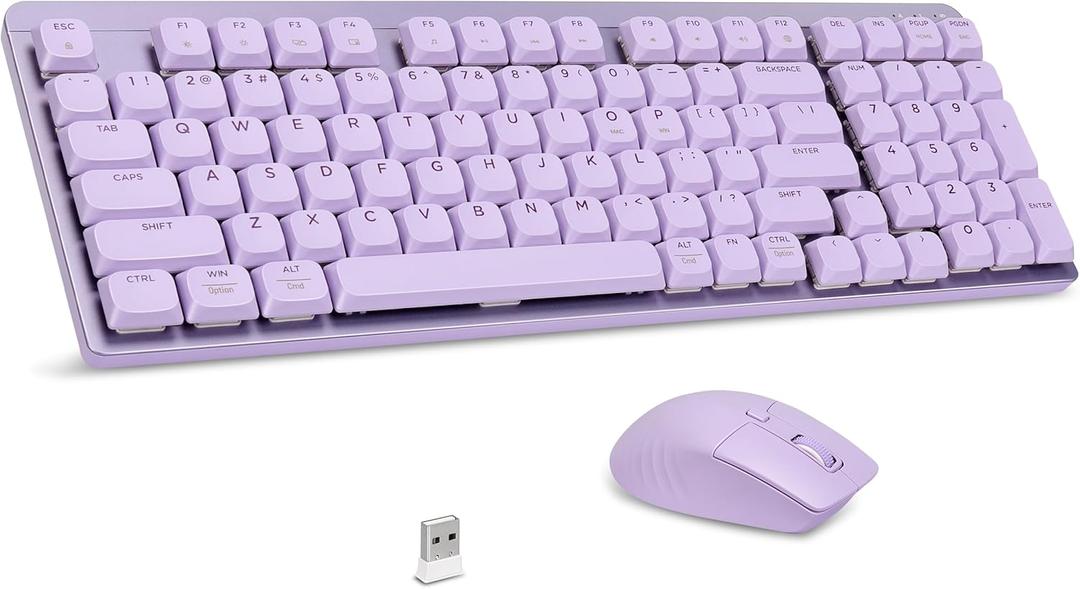 LeadsaiL Wireless Keyboard and Mouse Combo, 2.4Ghz Cordless Mechanical Keyboard and Silent Mouse for Business, Low-Profile Red Switch, 98-Key Compact Slim Keyboard for Windows/MacOS PC Laptop- Purple