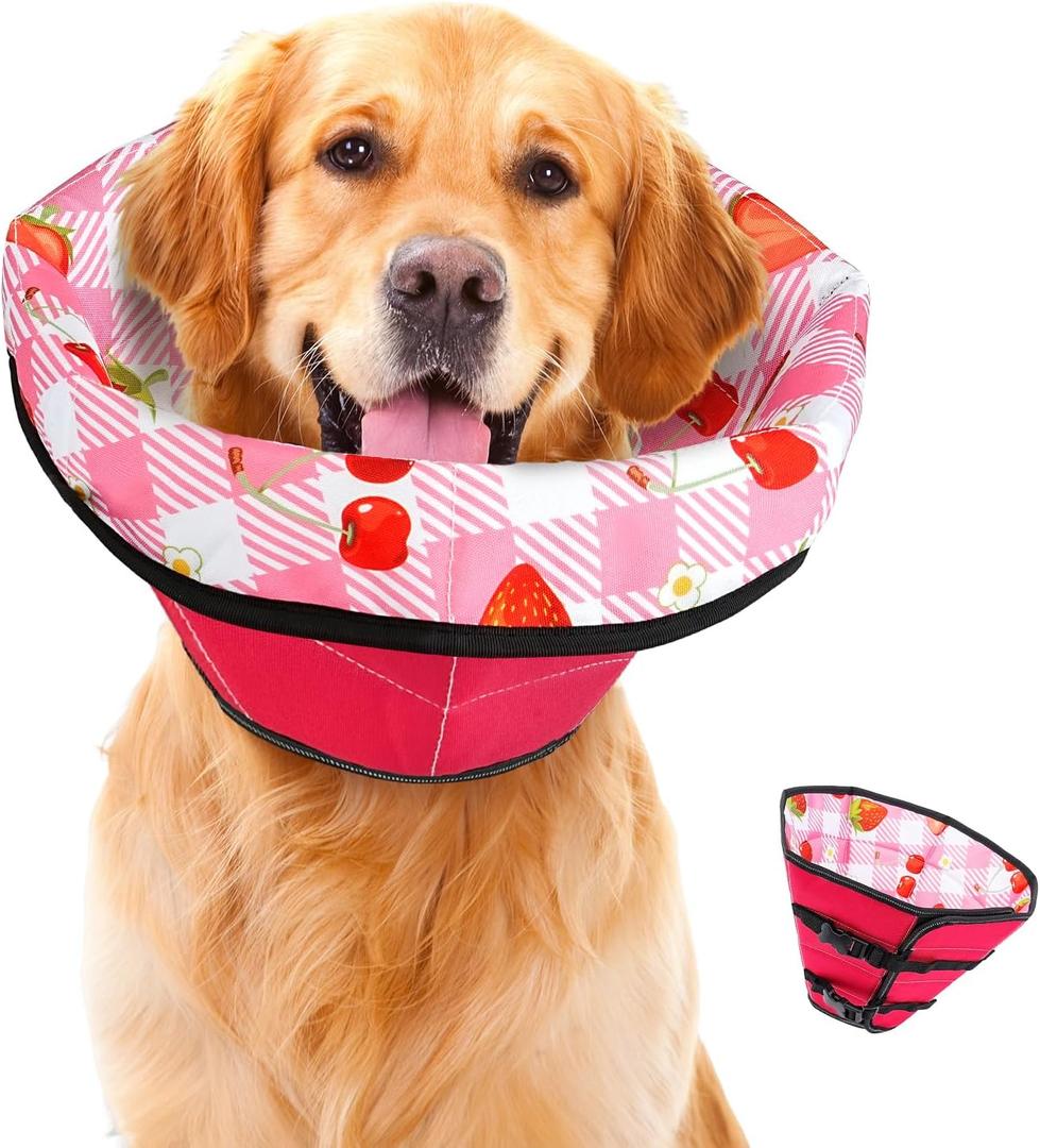 Dog Cone Soft Surgery Dog Cone Collar - Adjustable Long Foldable Comfortable for Recovery Alternative Prevent Biting Stop Licking Wound Small Medium Large Dogs (Strawberry Red, L) (L (Neck Girth 12.2-16.2))