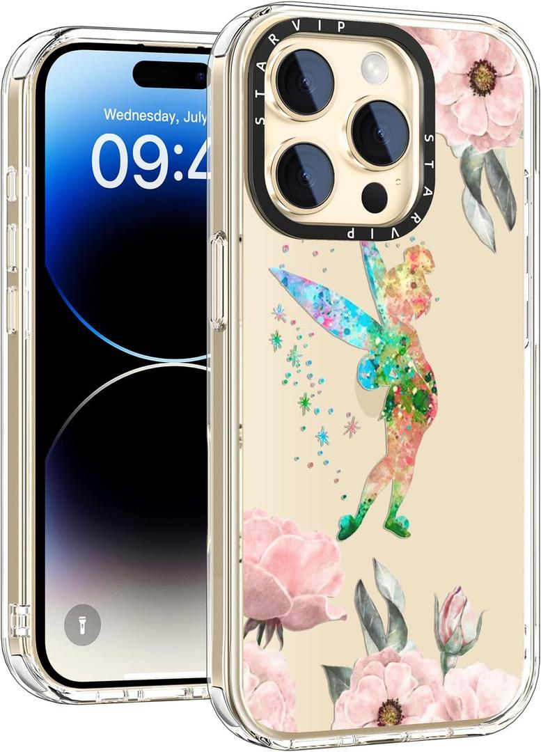 Wildflower Phone Case for iPhone 14 Pro Max Cute Trendy Aesthetic Floral Design for Women & Girls - Military-Grade Drop Protection - Clear Hard Shell Protective Cover - A Fairy and Flowers