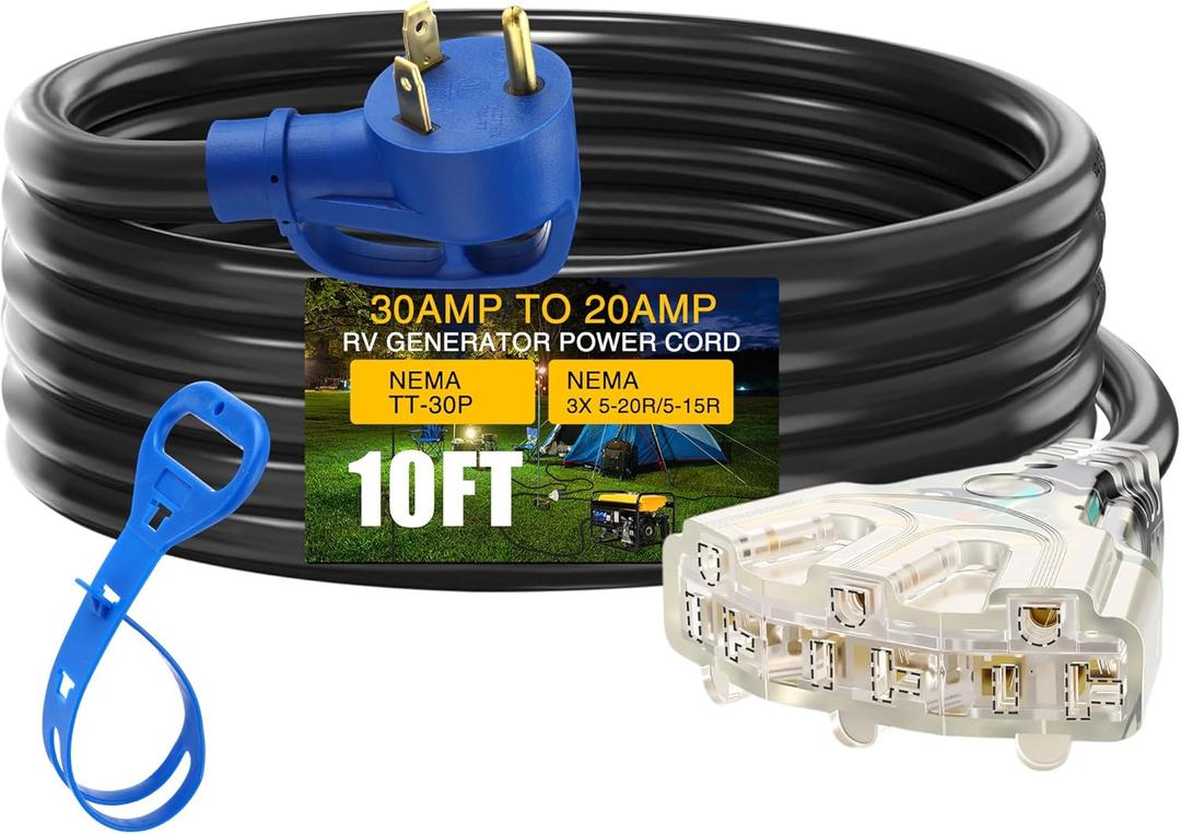 10FT TT-30P to 3X 5-20R/5-15R RV Generator Adapter, 3 Prong 30A to 3X 15/20A 110V Household Outlet Distribution Adapter, RV Generator Extension Cord with Cord Organizer 10 Gauge ETL Listed