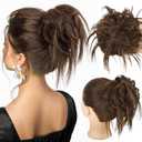 HMD Tousled Updo Messy Bun Hair Piece Hair Extension Ponytail With Elastic Rubber Band Updo Bun Synthetic Hairpieces for Women (Darkest Brown Mixed Light Auburn)