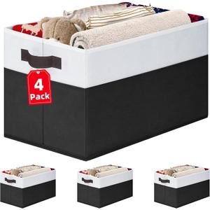 Criusia Large Storage Bins for Shelves 4 Pack, Closet Storage Baskets for Clothes Blanket Beddings Towels, Collapsible Fabric Closet Organizer Bins with Handles/ Laundry Room Organization (White with Black)