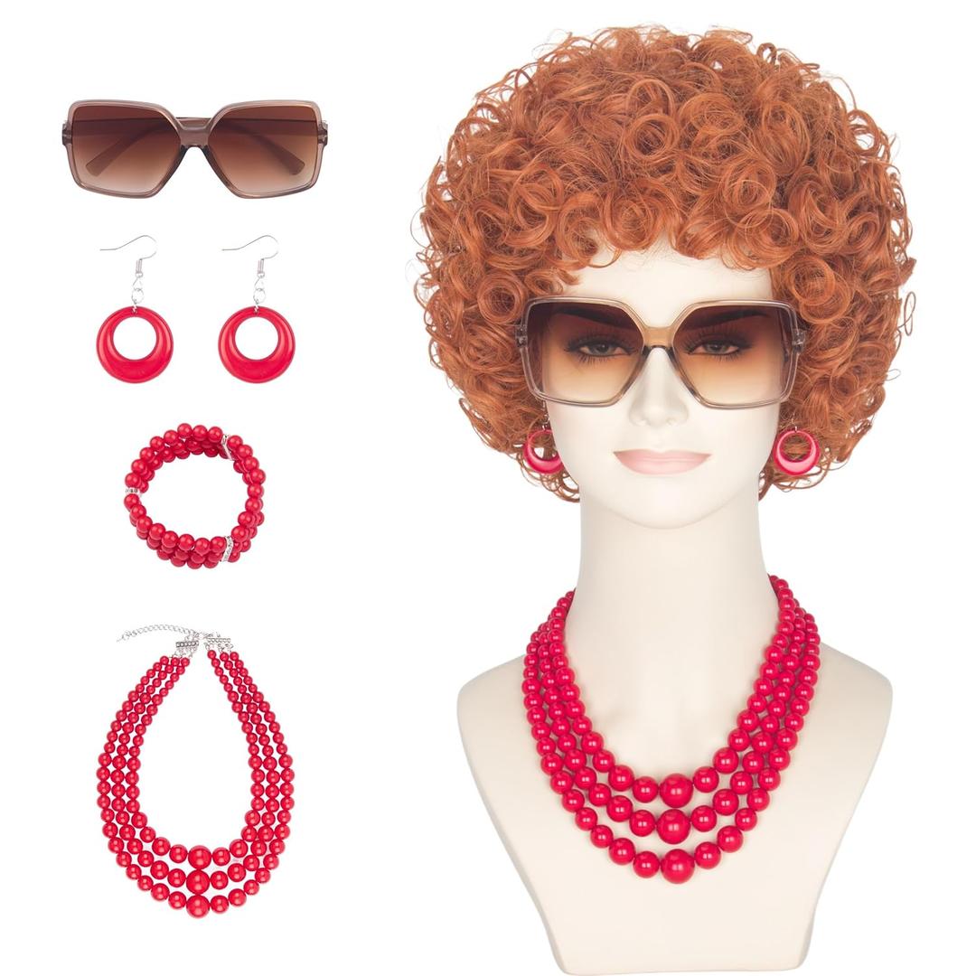 Yan Dream Women Short Curly Red Brown Wig and Glasses Red Oversized Necklace Earrings Stacked Bracelets Party Halloween Wig