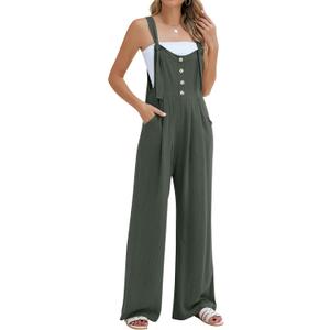 Blooming Jelly Womens Wide Leg Casual Jumpsuits Linen Loose Fit Overalls Flowy Sleeveless Bib Outfits (Medium, Army Green)