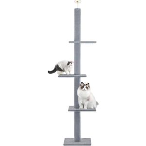 Cat Craft Cat Tree Floor to Ceiling 95-108" Tall Cat Tree Carpet Cat Tower Kitten Tree Sisal Scratching Post and Mat Cat Pole for Indoor Cats, Gray, 4-Tier