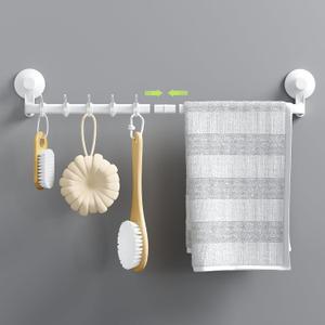 LUXEAR Suction Cup Towel Bar, 24 inches Adjustable Towel Rack Holder, No Drill & Removable Bathroom Towel Holder with 5 Sliding Hooks, Wall Mounted Towel Hanger for Shower Room, Kitchen, Door, White