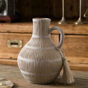 Mowtanco Rustic Ceramic Vase for Home Decor, Farmhouse Decorative Vases for Pampas Grass, Terracotta Vase with Tassel Design, Handle Flower Vase, Clay Vase for Living Room Decoration, 8 inch Tall (Gray - Round)