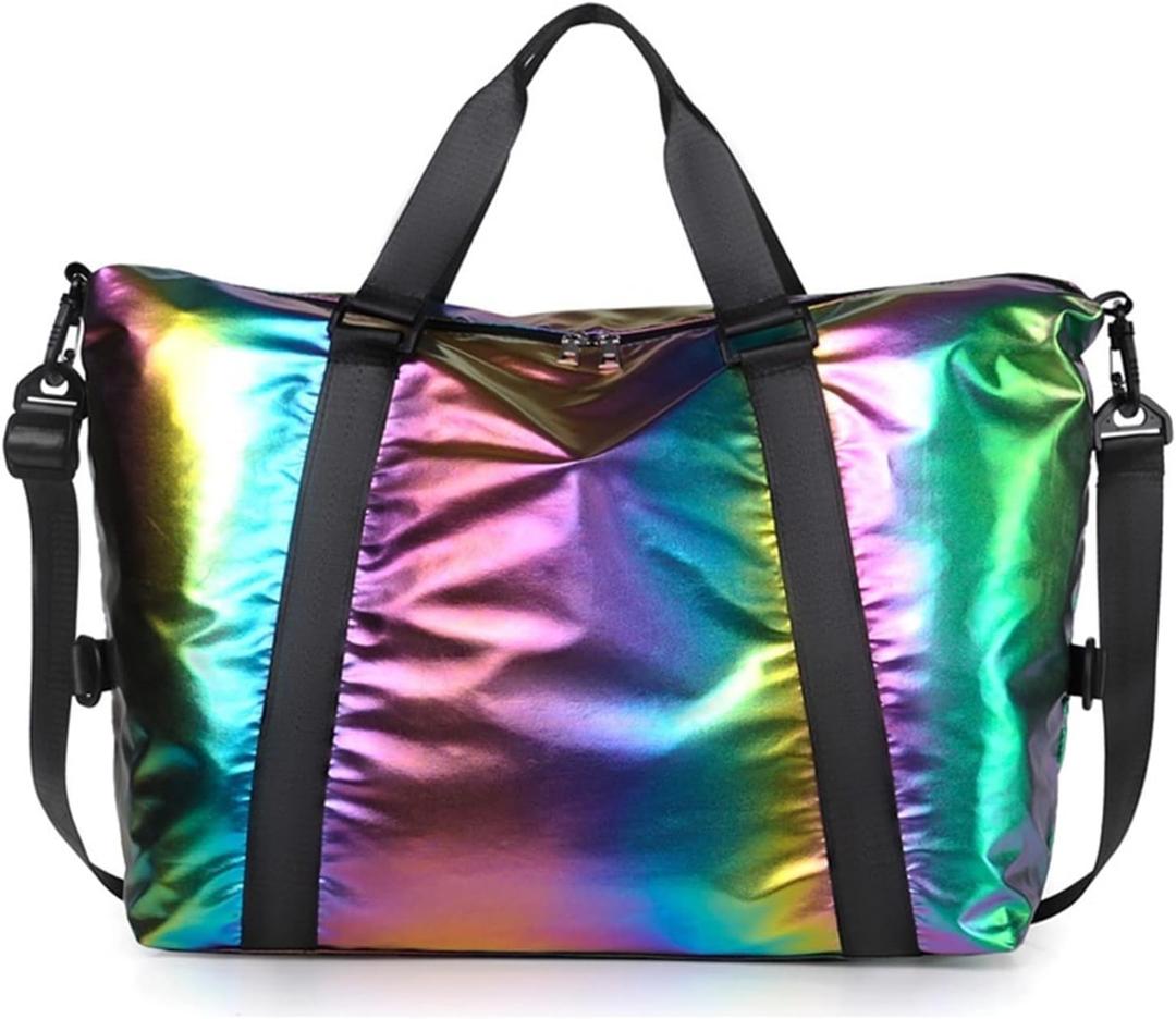 Dazzling Foldable Gym Bag for Women,Sports Travel Duffel Bag, Weekender Overnight Bag with Wet Pocket and Shoes Compartment for Women, Travel,Workout,Gym, Yoga G04 (Black)