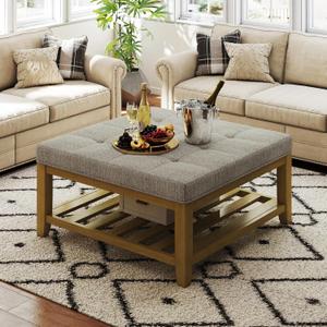 Large Square Ottoman Coffee Table, Linen Solid Upholstered Footrest Ottoman with Solid Wood Shelf Storage Tufted Coffee Table for Bedroom Living Room, Linen (29"D x 29"W x 18.5"H)
