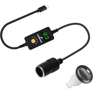 USB C Male to 5V 9V 12V 15V 20V Car Cigarette Lighter Socket Female Converter Cable, PD Trigger Cable with Switching Voltage and Display Voltage,for Dash Cam,GPS,Etc (1.6 FT)