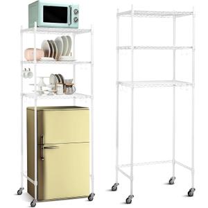 Tioncy 3 Tier Mini Fridge Shelf Microwave Stand Adjustable Fridge Storage Rack with Lockable Wheels and 8 Hook Multilayer Metal Shelving Organizer for Dorm Apartment Kitchen Office Bathroom(White)