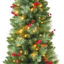 4ft Prelit Artificial Small Christmas Tree with Warm White Multi-Color LED Lights, Timer Battery Operated, Stand Red Berries & Pine Cone Slim Pencil Decoration for Indoor/Outdoor