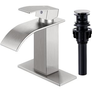 Qomolangma Waterfall Bathroom Faucet, Brushed Nickel Modern Single Handle Bathroom Faucets for 1 or 3 Hole Bathroom Sink Faucet Mixer Tap Washbasin Faucet with Deck, Pop-up Drain and Supply Hoses