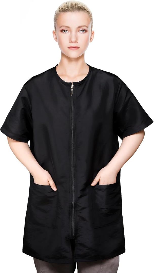 Pumtus Waterproof Pet Grooming Workwear, Short Sleeves Dog Groomer Smock, Anti Static Baber Uniform with Full Zipper & Pocket (Large)