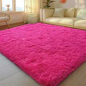 5x7 Rugs for Living Room, Large Fluffy Area Rugs for Bedroom, Soft Carpet Shag Kids Rug with 4 Non-Slip Rug Pads (Hot Pink, 5ft x 7ft)