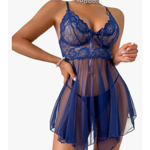 Women's Lingerie Sexy Lace Babydoll Dress Pajamas with Pantie Navy Large, Navy